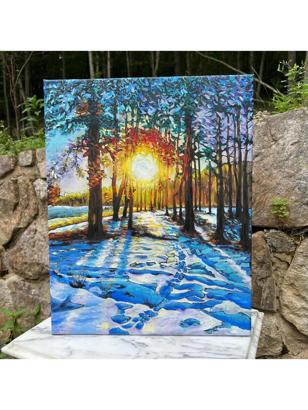 Original 16x20 Oil Painting, Bright Colorful Art on Canvas Winter Sunset Artwork